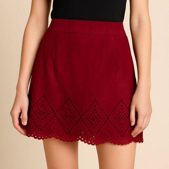 Lily Morgan Red Suede-Look Skirt Women’s M Mini Cutout Hem - Picture 1 of 9